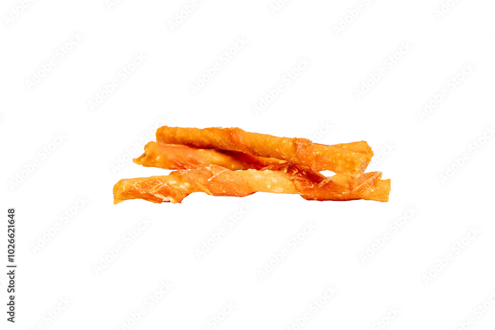 Three pieces of meat are cut into strips and lie on a transparent background. Dog treats in the form of meat on a stick. Three pieces of meat are cut into strips and lie on a transparent background. Dog treats in the form of meat on a stick.