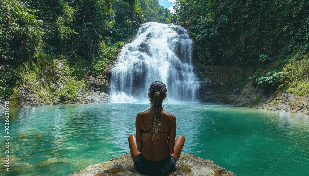 A tranquil moment by a stunning waterfall during a trek through nature A tranquil moment by a stunning waterfall during a trek through nature