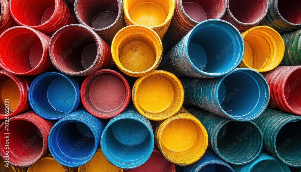 Brightly colored PVC pipes stacked together in a construction yard during daylight Brightly colored PVC pipes stacked together in a construction yard during daylight