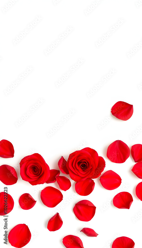 Red rose petals isolated on white for love greetings. Horizontal background for valentines day and mothers day concepts. Space for text. png isolated with white highlights, png Red rose petals isolated on white for love greetings. Horizontal background for valentines day and mothers day concepts. Space for text. png isolated with white highlights, png