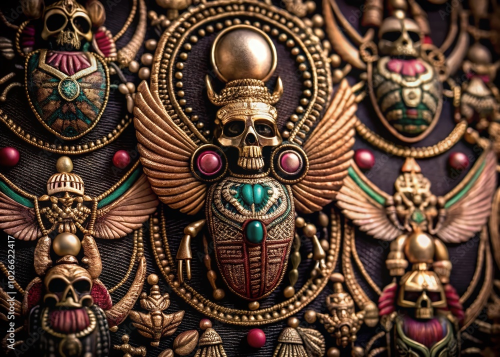Fototapeta premium Egyptian Scarab Skeleton Hands Seamless Pattern for Gothic Fashion T-Shirt Design