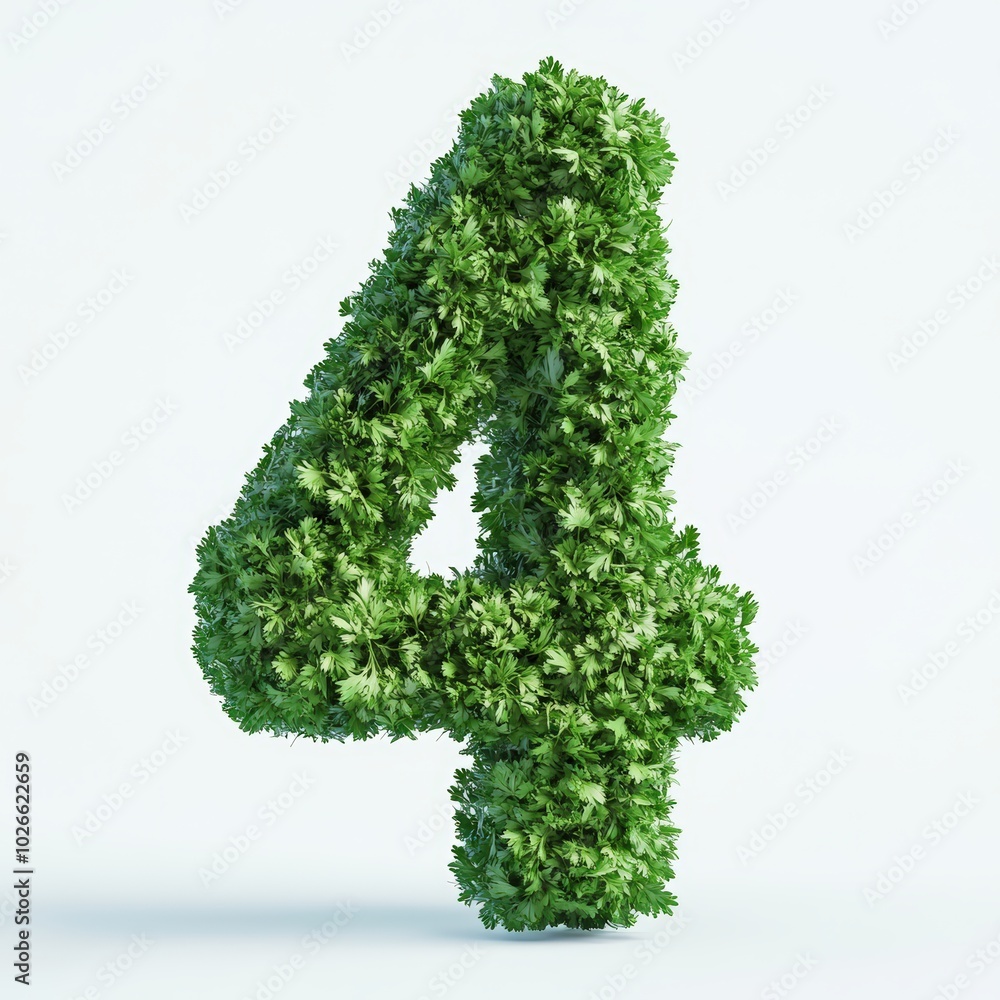 3D number 4 with parsley texture realistic modern design, soft lighting, white background 3D number 4 with parsley texture realistic modern design, soft lighting, white background