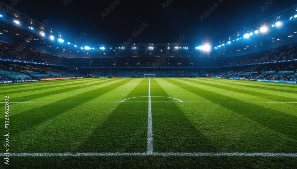 Brightly lit soccer stadium with empty stands and illuminated field at night Brightly lit soccer stadium with empty stands and illuminated field at night