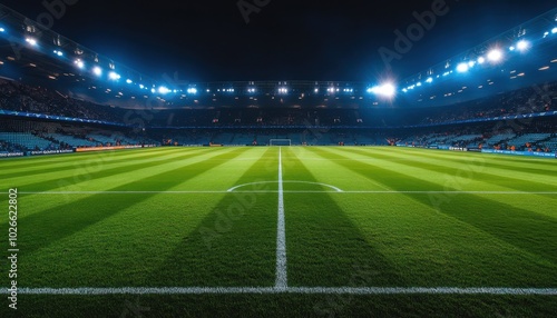 Brightly lit soccer stadium with empty stands and illuminated field at night