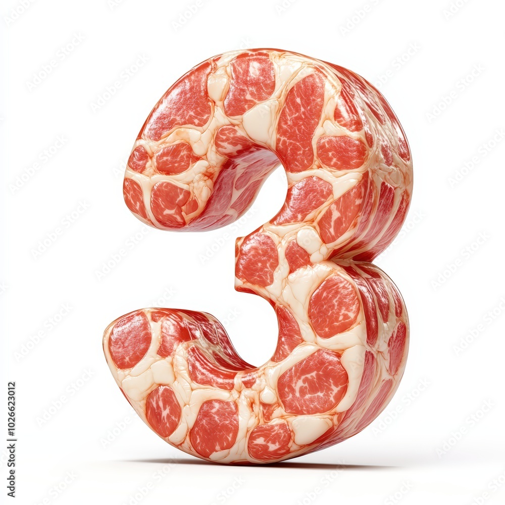 Fototapeta premium 3D number 3 with fresh meat texture realistic modern design, soft lighting, white background
