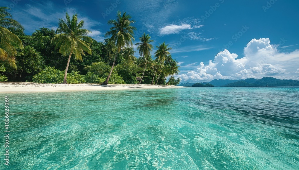 Fototapeta premium Tropical island adventure in clear blue waters and sunny skies during the day