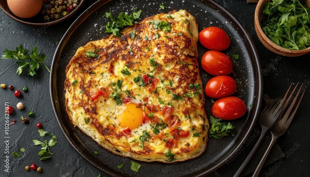 Fluffy cheese and vegetable omelette served with cherry tomatoes on a plate Fluffy cheese and vegetable omelette served with cherry tomatoes on a plate