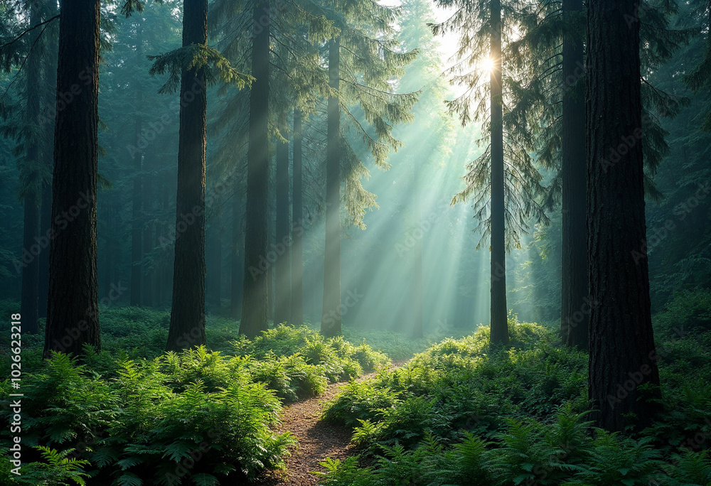Obraz premium Sunlit Forest Path with Sun Rays and Ferns