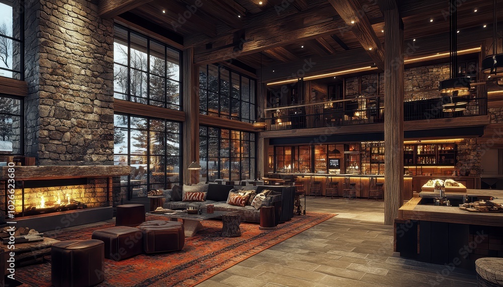 Cozy ski lodge interior with a fireplace after a day on the slopes Cozy ski lodge interior with a fireplace after a day on the slopes