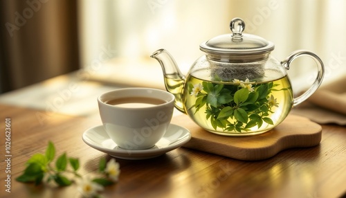 The aromatic jasmine green tea brews gently in a clear glass teapot, warm light illuminating the cozy setting alongside a cup, inviting relaxation and flavor.