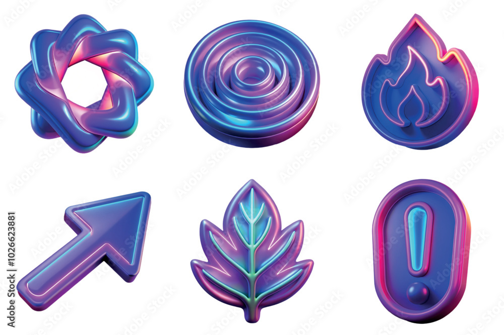 Collection of neon glowing 3d icons isolated on the transparent background Collection of neon glowing 3d icons isolated on the transparent background