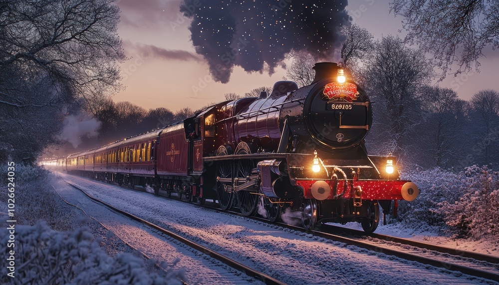 Festive carriages on the holiday express ride through a snowy landscape at dusk Festive carriages on the holiday express ride through a snowy landscape at dusk
