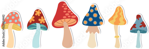 Hand drawn stickers with psychedelic groovy mushrooms. Set of colorful hippie and funky elements