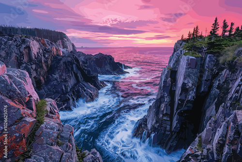 Beautiful sunset on ocean coast - Madeira island Seascape during sundown. Beautiful natural summer seascape