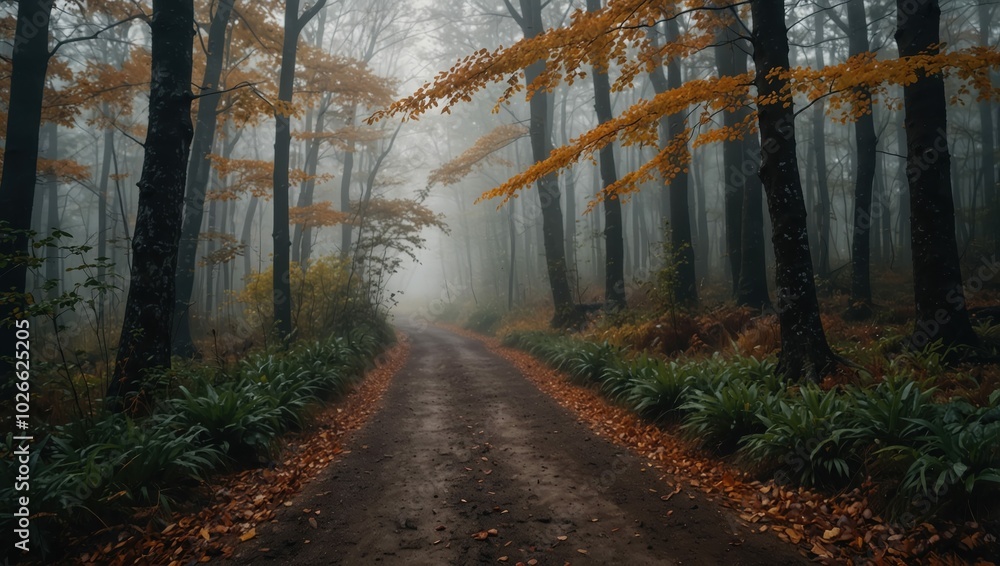 Path through a misty forest during a foggy autumn day. Path through a misty forest during a foggy autumn day.