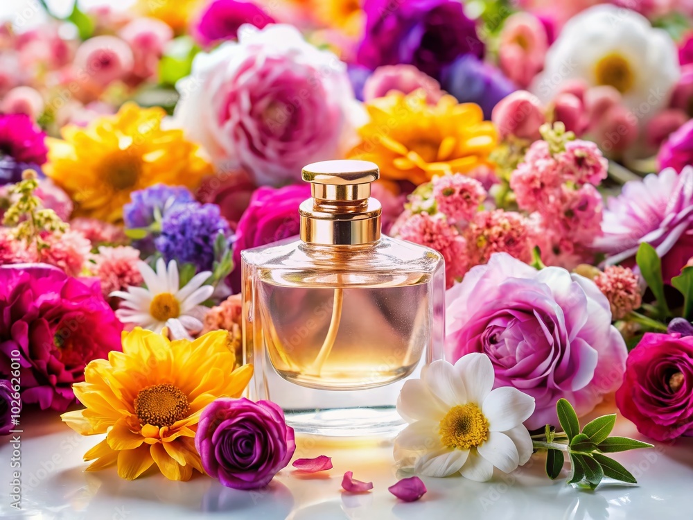 Elegant Feminine Perfume Surrounded by Vibrant Flowers on White Background for Luxurious Lifestyle Imagery Elegant Feminine Perfume Surrounded by Vibrant Flowers on White Background for Luxurious Lifestyle Imagery