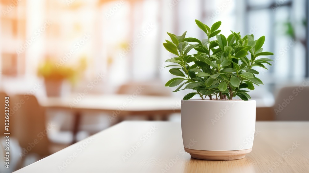 Potted plant sits on a desk in a modern, sunlit office space, bringing a touch of nature indoors and adding a refreshing Potted plant sits on a desk in a modern, sunlit office space, bringing a touch of nature indoors and adding a refreshing