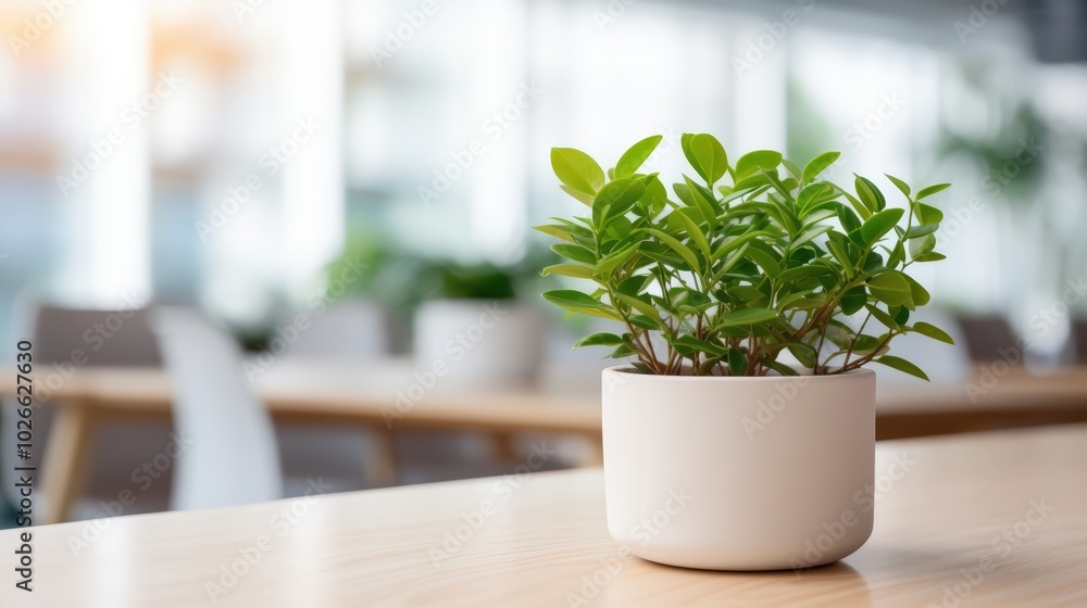 Potted plant sits on a desk in a modern, sunlit office space, bringing a touch of nature indoors and adding a refreshing Potted plant sits on a desk in a modern, sunlit office space, bringing a touch of nature indoors and adding a refreshing