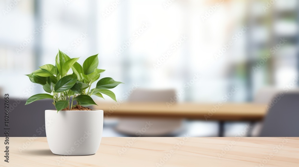 Potted plant sits on a desk in a modern, sunlit office space, bringing a touch of nature indoors and adding a refreshing Potted plant sits on a desk in a modern, sunlit office space, bringing a touch of nature indoors and adding a refreshing