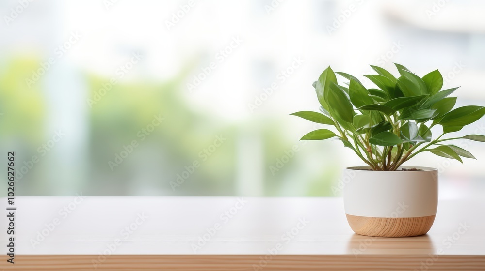 Potted plant sits on a desk in a modern, sunlit office space, bringing a touch of nature indoors and adding a refreshing Potted plant sits on a desk in a modern, sunlit office space, bringing a touch of nature indoors and adding a refreshing