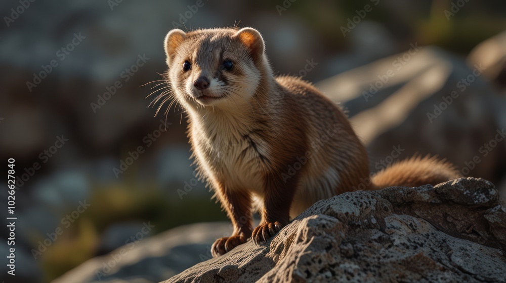Fototapeta premium A small, brown and white weasel with a long, bushy tail sits on a rock, looking directly at the camera.