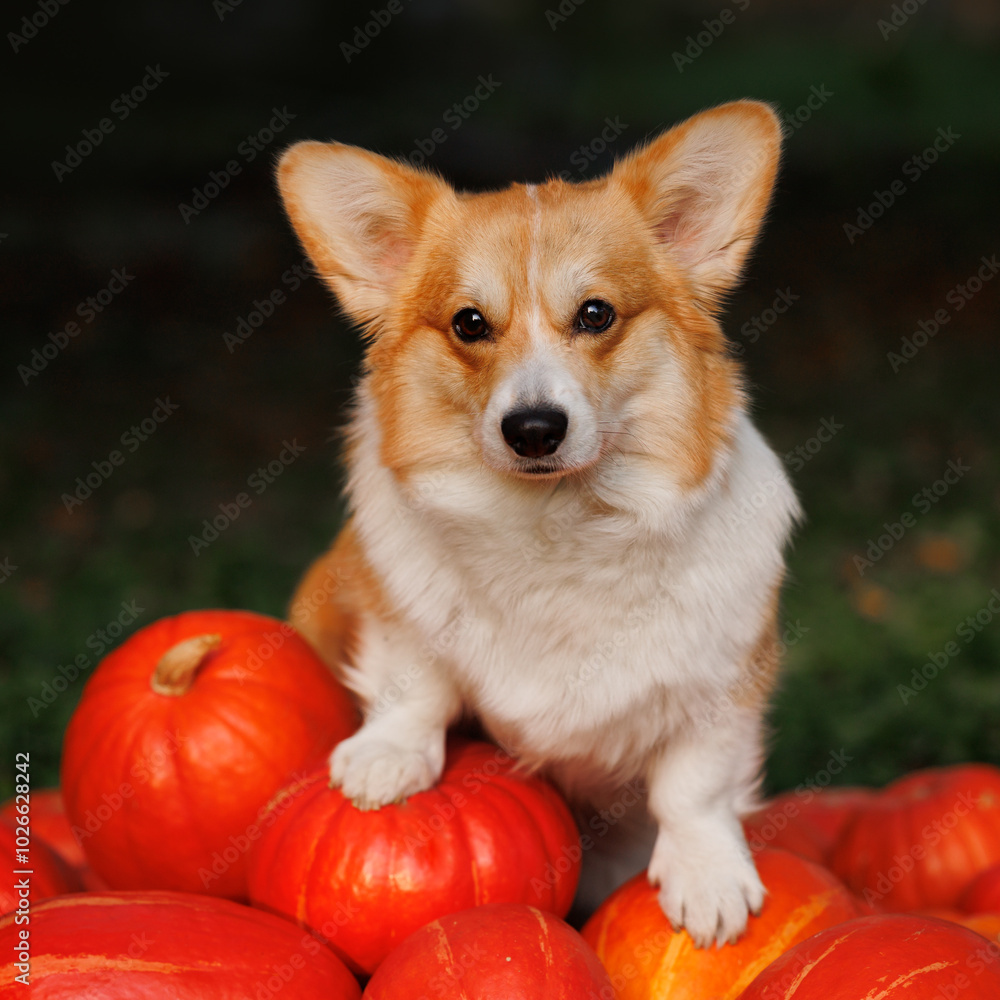 Welsh corgi pembroke with pumpkins Welsh corgi pembroke with pumpkins