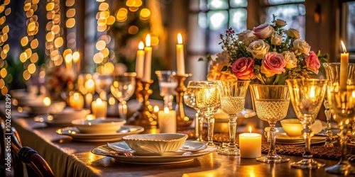 Elegant Long Exposure of a Set Dinner Table with Ambient Lighting and Fine Dining Elements