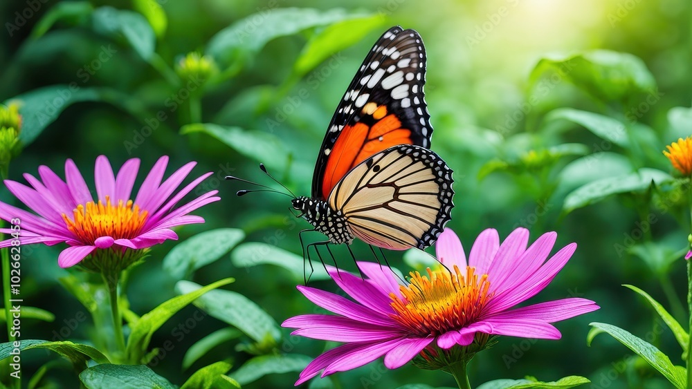 A butterfly perched on vibrant pink flowers in a lush green garden. A butterfly perched on vibrant pink flowers in a lush green garden.