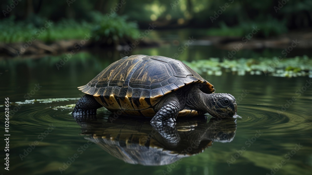 Obraz premium A turtle swims in a pond, with its reflection visible in the water.