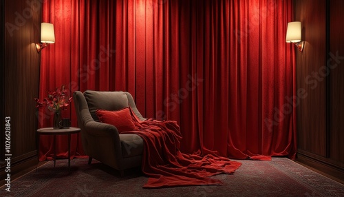 Elegant red velvet curtains create a cozy reading nook in a warm, inviting space