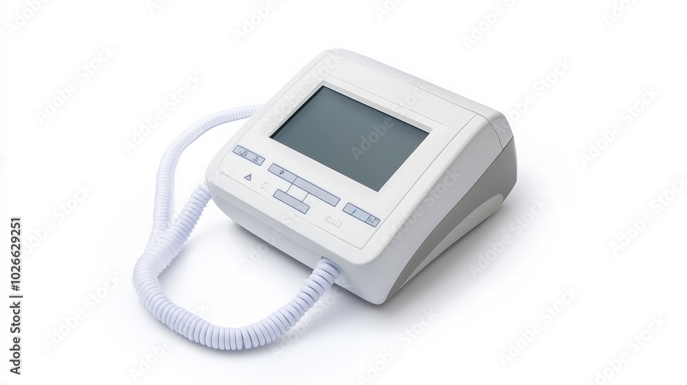 Digital Blood Pressure Monitor: A close-up shot of a modern, white digital blood pressure monitor with a clear LCD screen, a coiled cord, and buttons for easy operation. Digital Blood Pressure Monitor: A close-up shot of a modern, white digital blood pressure monitor with a clear LCD screen, a coiled cord, and buttons for easy operation.