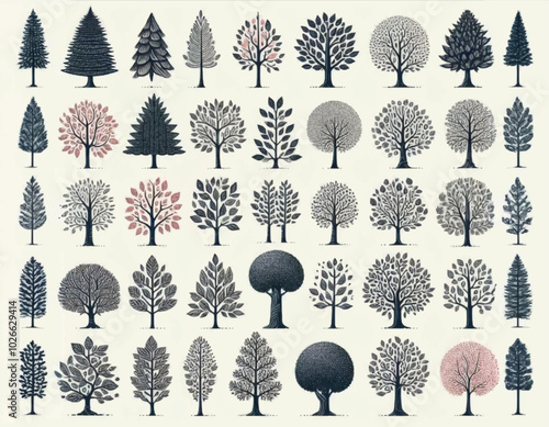 Big set of cute cartoon trees. A variety of trees, deciduous and coniferous. Vector illustration