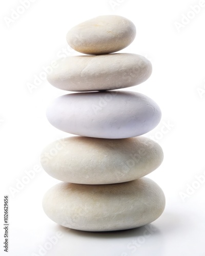 Seven stacked pebble rocks on a white background representing tranquility and balance. Generative AI