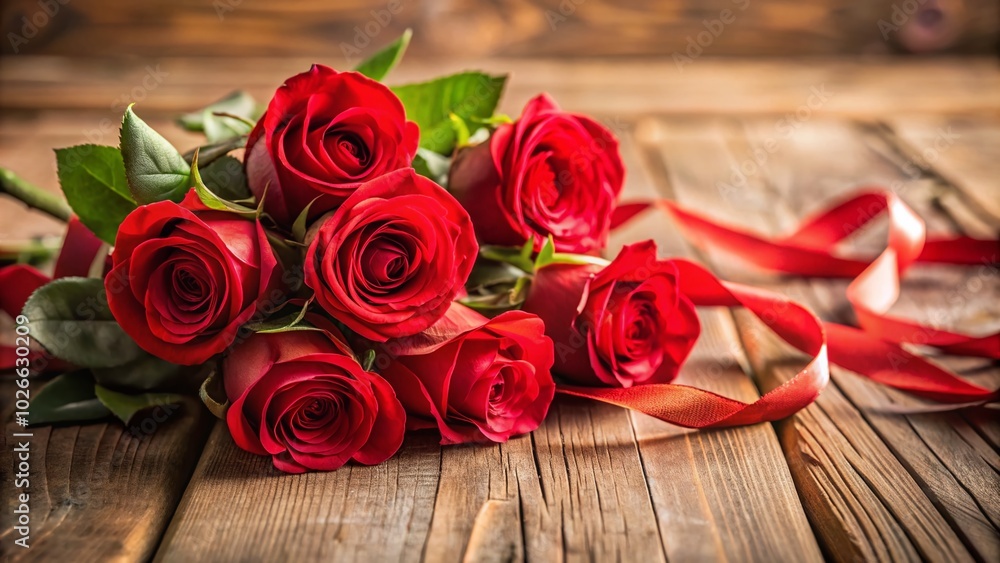 Elegant Red Roses with Ribbon on Table - Perfect for Romantic Occasions and Celebrations Elegant Red Roses with Ribbon on Table - Perfect for Romantic Occasions and Celebrations