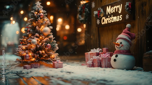 Christmas tree with garland and snowman next to it, on a wooden background, with the inscription "Merry Christmas" on the wall, warm light, dark brown color, photo realistic style, high resolution.