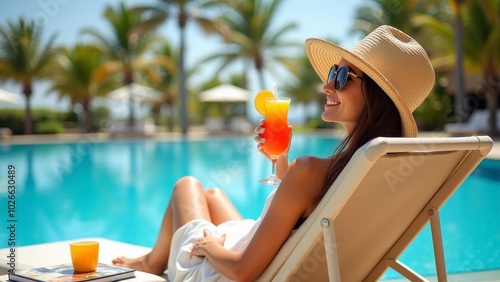 Generative, AI, A person in a hat relaxes by a pool, holding a colorful cocktail, with palm trees and resort buildings in the background.