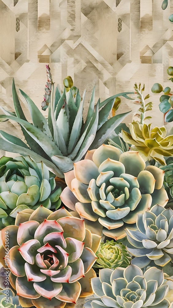 Fototapeta premium Succulent botanical flowers. Watercolor illustration set. Seamless background pattern. Fabric wallpaper print texture.
