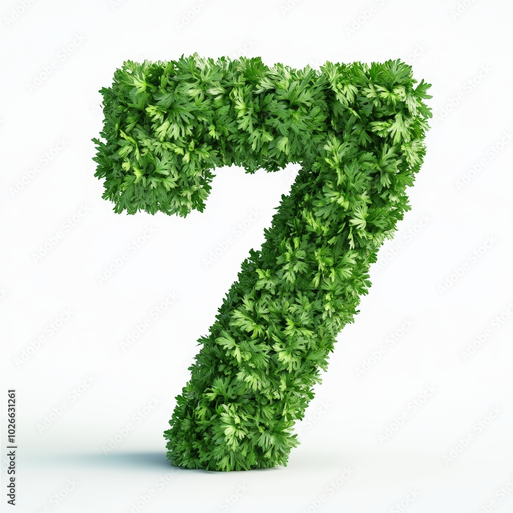 3D number 7 with parsley texture realistic modern design, soft lighting, white background 3D number 7 with parsley texture realistic modern design, soft lighting, white background
