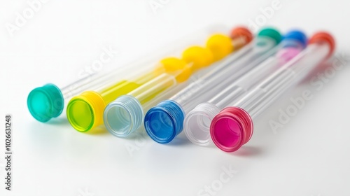 Rainbow Capillary Tubes: A vibrant collection of colorful capillary tubes, showcasing their bright caps and clear bodies, ideal for scientific, medical, or artistic applications. photo