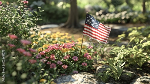 A beautiful garden with blooming flowers and a small American flag planted among them, symbolizing patriotism