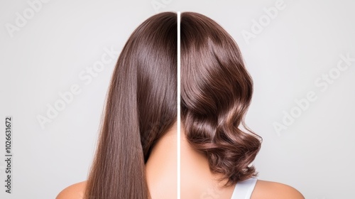 A dramatic transformation image where the left side shows a woman's thinning hair around the crown and the right side reveals full, voluminous hair after treatment.