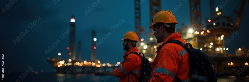 Obraz premium Two workers in safety gear observe an offshore oil rig at night, highlighting teamwork and safety in the industrial sector. Ideal for energy and engineering projects.