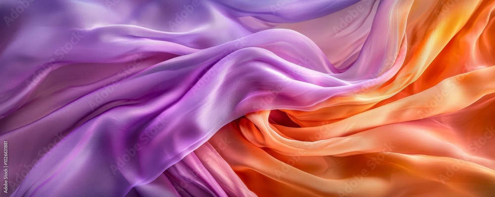 Fototapeta premium A figure cloaked in flowing silk, the fabric bathed in radiant hues of orange and violet, with soft light reflecting off the silk's smooth surface to create an ethereal, dreamlike mood.
