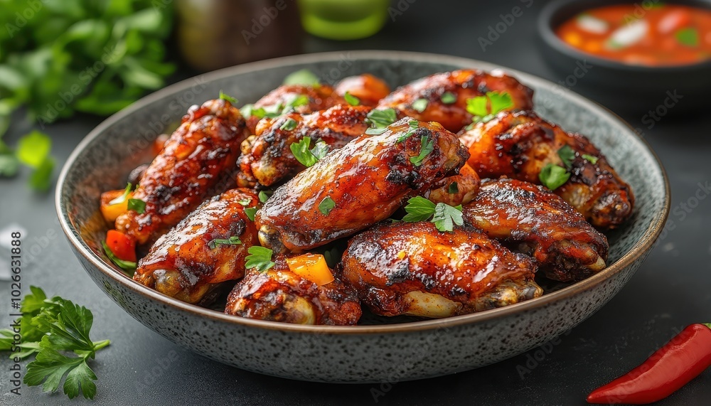 Spicy and crispy BBQ chicken wings served with sauce and herbs at a modern kitchen Spicy and crispy BBQ chicken wings served with sauce and herbs at a modern kitchen
