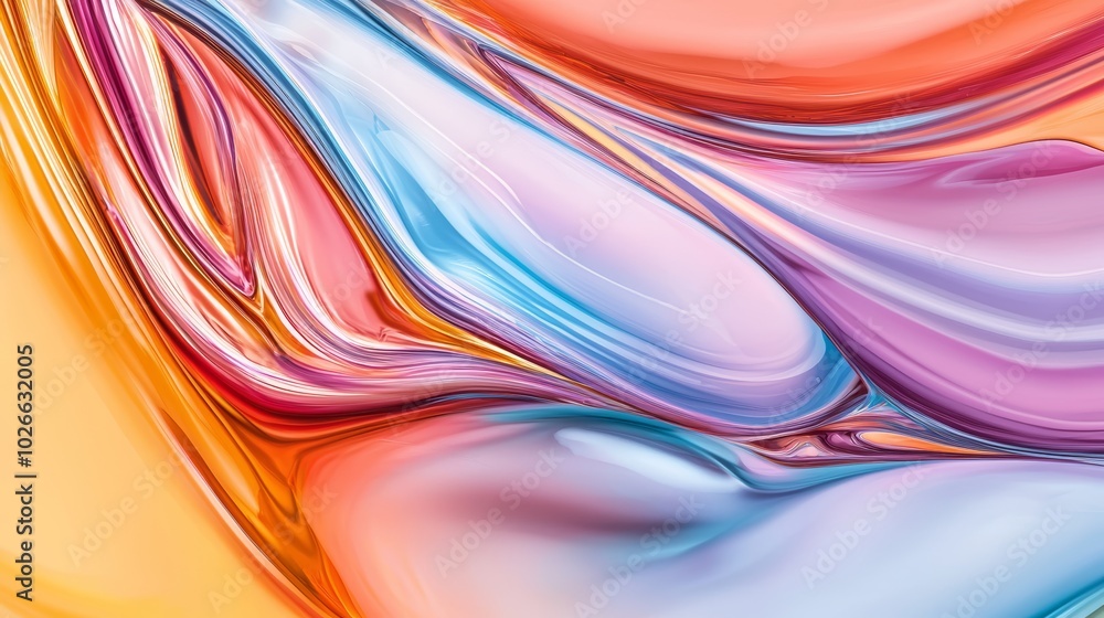 Obraz premium A glossy, fluid abstract texture with swirling, smooth shapes that reflect a rainbow of colors, from soft pastels to bright neons, creating a dynamic, ever-changing surface.