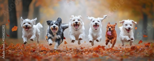 A joyful group of dogs running through a park filled with vibrant autumn leaves, their tails wagging as they playfully chase one another under colorful trees. photo