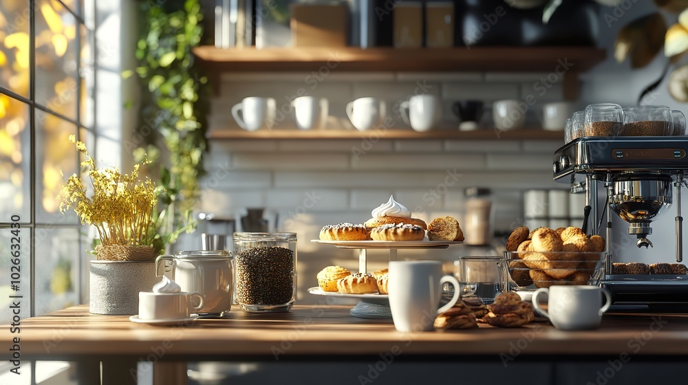 A charming coffee station with various mugs and pastries set up in a cozy corner A charming coffee station with various mugs and pastries set up in a cozy corner