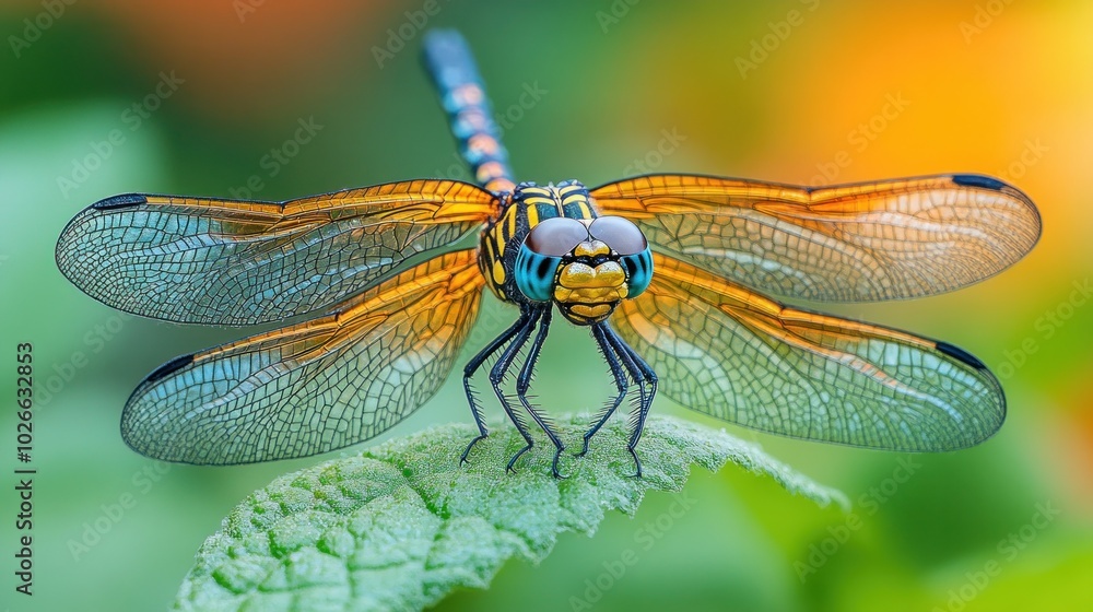 A vibrant dragonfly with blue, yellow, and orange markings perched on a green leaf. A vibrant dragonfly with blue, yellow, and orange markings perched on a green leaf.