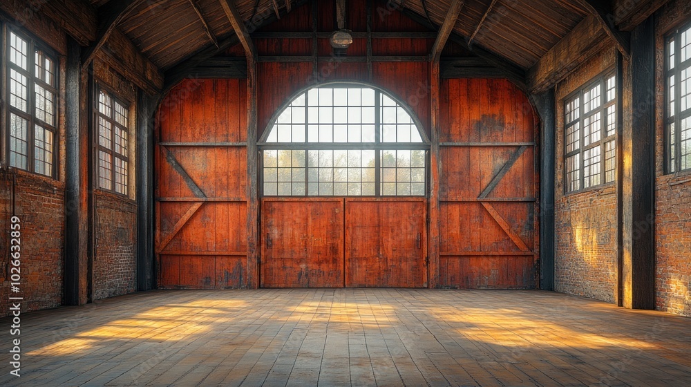 An empty, industrial space with wooden floors, brick walls, and a large arched window. An empty, industrial space with wooden floors, brick walls, and a large arched window.