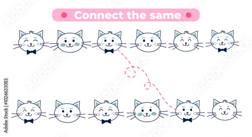Vector math game for kids. Connect the same head of cat, kitten, kitty. Learning mathematics, numbers, addition practice. Math kids activity sheet. Educational children illustration game